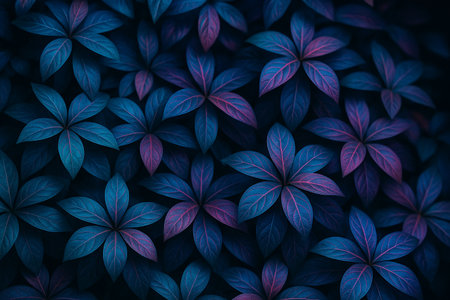 AI generated vibrant teal cyan and magenta leaves forming a soft neon botanical pattern with a surreal modern aesthetic suitable for backgrounds posters and creative visual designの素材