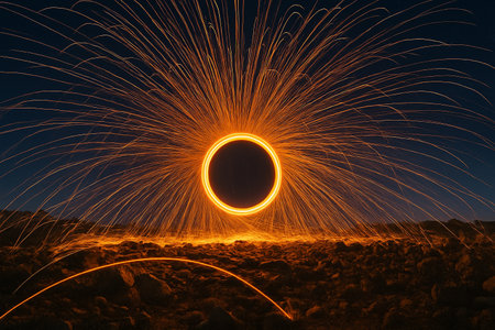 AI generated long exposure steel wool light painting showing a bright golden circle dynamic sparks radiating outward creating an energetic exciting and dramatic visual atmosphere suitable for creativeの素材