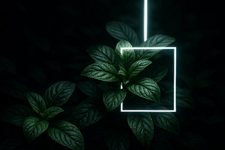 AI generated dark green leaves with glowing white neon frame blending nature and modern technology creating a calm mysterious and futuristic atmosphere suitable for design and creative useの素材