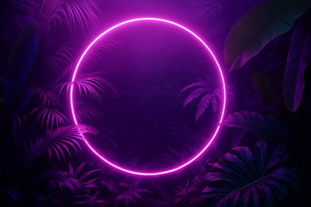 AI generated glowing magenta neon circle surrounded by lush tropical leaves creating a mysterious surreal jungle atmosphere blending nature and futuristic energyの素材