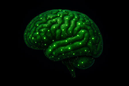 AI generated glowing green abstract brain with digital neural network signals on a dark background representing intelligence data processing and futuristic technology mood suitable for modern designの素材