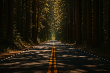 AI generated ultrarealistic forest road surrounded by tall trees with sunlight casting soft shadows evoking peace freedom and the feeling of an open journey aheadの素材