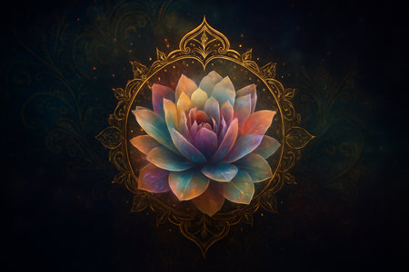 AI generated luminous cosmic lotus with rainbow petals framed by subtle mandala patterns conveying spiritual awakening serenity and inner expansion in a deep space atmosphereの素材