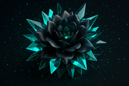AI generated futuristic flower formed from dark metallic petals and glowing teal crystal energy expressing power elegance and cosmic innovationの素材