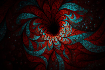 AI generated swirling red and cyan fractal pattern forming a deep energetic spiral bloom with layered textures creating a passionate mysterious and powerful visual moodの素材