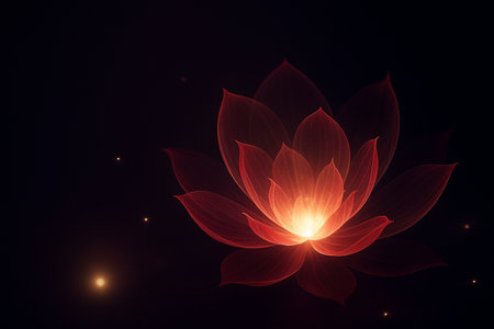 AI generated glowing translucent lotus in deep darkness with soft radiant light rising from the center surrounded by subtle sparkles expressing inner awakening serenity and mystical beautyの素材