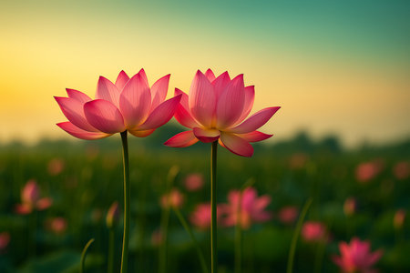 AI generated serene pink lotus flowers in a warm sunrise field with soft glowing light and gentle nature atmosphere conveying peace calm and natural beautyの素材