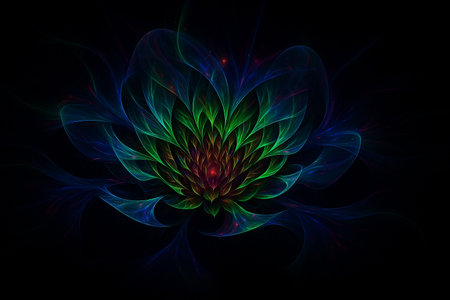 AI generated abstract cosmic flower formed from glowing energy petals with radiant vibrant neon colors expressing spiritual awakening and mystical calmの素材