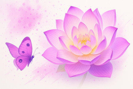 AI generated soft pink and purple lotus with delicate butterfly on a clean light background creating a gentle dreamy and warm fantasy floral moodの素材