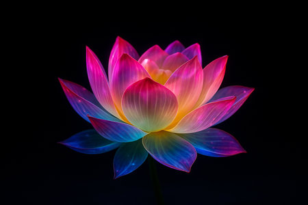 AI generated vibrant glowing lotus flower with luminous translucent petals in neon colors on a dark background creating a sense of serenity energy and spiritual awakeningの素材