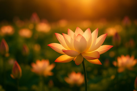 AI generated gentle pink lotus blooming in warm golden sunlight surrounded by a soft calm natural atmosphere expressing peaceful beauty serenity and the tenderness of a new beginningの素材