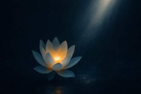 AI generated single glowing lotus floating in soft darkness with gentle warm light creating a calm serene and emotional sense of quiet inner hope.の素材
