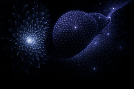 AI generated deep blue violet fractal spiral with star like glowing particles forming layered cosmic bloom creating a calm mysterious and infinite atmosphereの素材