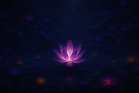 AI generated glowing purple lotus surrounded by mystical flowers in a deep cosmic dreamlike atmosphere symbolizing inner light awakening peace and spiritual connection in serene darknessの素材