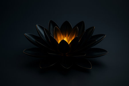 AI generated black lotus flower glowing with warm golden light symbol of mystery strength and enlightenment in dark minimal background conveying inner power and calm energyの素材