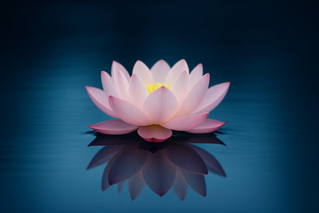 AI generated soft pink lotus floating on deep blue water symbol of purity calmness and inner healing representing mindfulness balance and serenity perfect for meditation yoga and spiritual designの素材