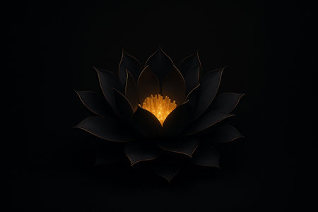 AI generated black lotus flower glowing softly with golden light in dark minimalist background symbolizing inner strength balance and spiritual awakening with elegant calm and surreal atmosphereの素材