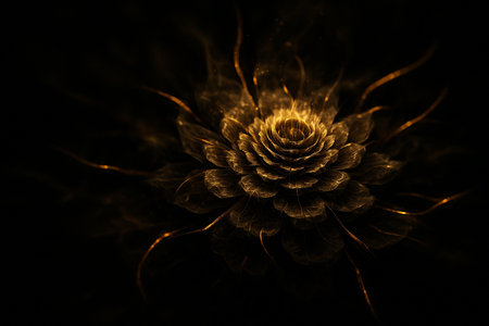 AI generated fractal flower with glowing golden energy layers dark background mystical depth abstract cosmic expansion and radiant swirling light forms suitable for creative design useの素材