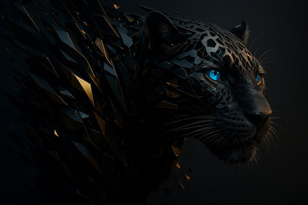 AI generated hyper realistic cybernetic panther with glowing blue eyes black and gold fractured metal plates dynamic shards and a dark futuristic atmosphere conveying power speed and fierce cyberpunkの素材