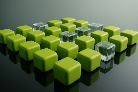 AI generated abstract composition of green matte cubes mixed with transparent glass blocks arranged in a clean geometric pattern creating a modern minimal and balanced visual moodの素材
