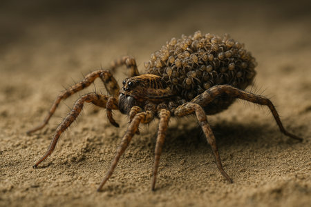 AI generated macro scene of a wolf spider mother carrying many tiny spiderlings on her back showing natural behavior strength protection and earthy detailの素材