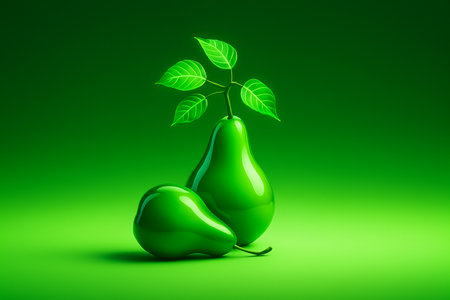 AI generated vibrant green pear composition with glossy surfaces luminous leaves and smooth gradient background creating fresh calm and futuristic minimal atmosphere suitable for modern design themesの素材