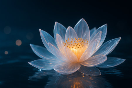 AI generated glowing crystal lotus floating on calm water with soft warm light gentle bokeh and serene mystical atmosphere conveying purity clarity hope and dreamlike energyの素材