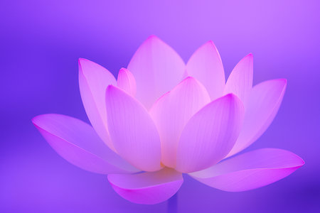 AI generated gentle purple pink lotus glowing softly in a dreamy lavender atmosphere with delicate translucent petals creating a calm pure surreal mood suitable for spiritual art meditation wellnessの素材