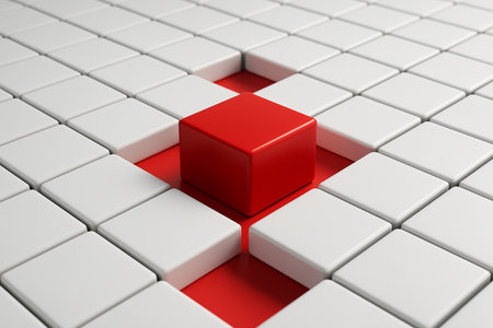 AI generated geometric 3D pattern with white cubes arranged in a clean grid and a single elevated red cube symbolizing uniqueness precision and modern minimal designの素材