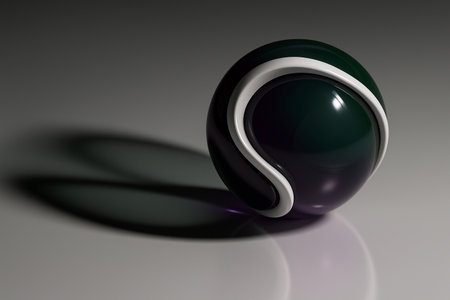 AI generated glossy 3D sphere with deep purple green tones smooth white fluid ribbons and reflective shadows creating a calm mysterious futuristic and premium minimal abstract aestheticの素材