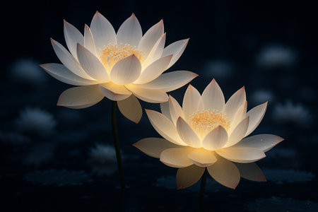 AI generated glowing white twin lotus flowers shining softly in the dark with gentle pink edges serene mystical atmosphere purity balance and a calm dreamlike moodの素材