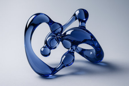 AI generated blue glass sculpture with smooth flowing curves reflective surfaces and a calm modern atmosphere conveying purity creativity and futuristic elegance suitable for design art and innovationの素材