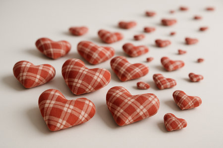 AI generated plaid fabric hearts arranged on a clean white background creating a warm romantic and playful mood with soft focus depth and spacious minimal composition suitable for creative designの素材
