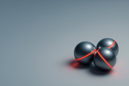 AI generated minimal 3D artwork featuring three glossy titanium spheres with glowing red energy lines on a clean gradient background creating a calm futuristic and premium high tech mood.の素材