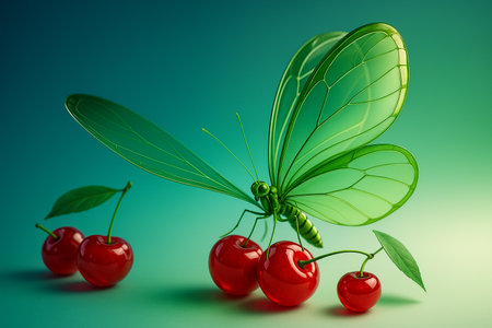 AI generated glass wing butterfly with transparent green wings glossy red cherries and a bright dreamy fantasy atmosphere blending nature and surreal design in a soft colorful sceneの素材