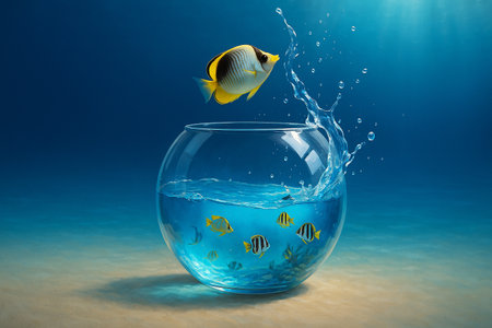 AI generated surreal aquatic scene with a clear round glass bowl on soft sand bright blue water inside colorful fish swimming and one fish leaping out with splashing droplets symbolizing freedomの素材
