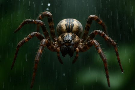 AI generated close up spider in rain with sharp details wet atmosphere and intense mood highlighting natural texture depth and dramatic wilderness feelingの素材