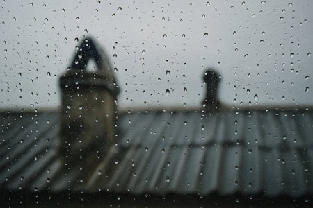 AI generated a calm and melancholic rainy window scene with sharp raindrops on glass and a blurred metal rooftop in the background creating a quiet emotional atmosphere of solitude reflectionの素材