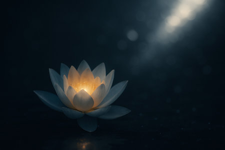 AI generated glowing lotus floating in dark water with soft golden center gentle blue petals deep calm mood mystical solitude and peaceful dreamlike atmosphereの素材