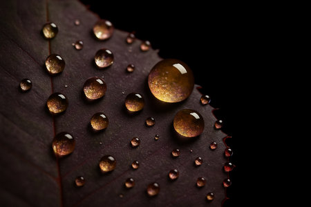 AI generated ultra realistic droplets on a purple green leaf with golden reflections creating a calm mysterious botanical mood with detailed texture and clean space for textの素材