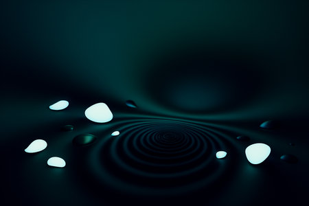 AI generated abstract scene with deep teal waves and soft white droplets floating above concentric ripples creating a calm mysterious and futuristic atmosphere with fluid motion and dimensional depthの素材