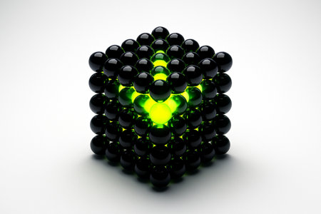 AI generated image of a glowing black and green geometric energy cube, with spherical shapes forming a dynamic structure. A central green glow emphasizes the modern and futuristic feel.の素材