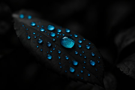 AI generated macro scene of glowing blue water droplets on a monochrome leaf creating a calm mysterious and detailed atmosphere with striking selective color contrastの素材