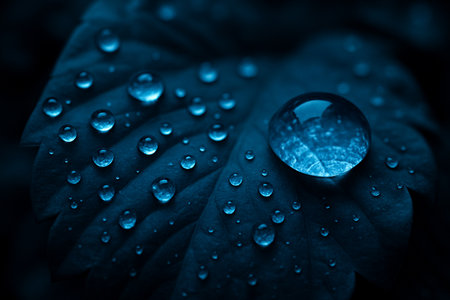 AI generated closeup of clear water droplets scattered across a deep blue textured leaf creating a cool fresh and mysterious atmosphere with delicate natural detail and glasslike reflectionsの素材