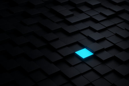 AI generated minimal dark grid with one bright blue square symbolizing focus contrast clarity and creative individuality in a calm modern abstract styleの素材