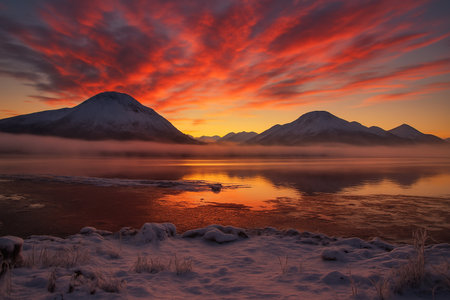 AI generated serene winter landscape with fiery red and orange sky over snowy mountains and a calm frozen lake reflecting warm light creating a peaceful majestic and quiet atmosphereの素材