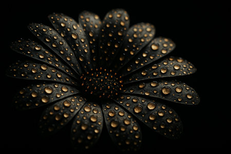 AI generated ultra realistic macro flower with silver petals covered in golden glowing droplets creating a luxurious calm mysterious fine art mood with rich detail and clean space for textの素材