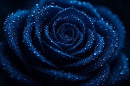 AI generated ultra detailed macro of a deep blue rose covered in clear radiant dewdrops creating a cool elegant and powerful mood with glossy texture and layered petalsの素材