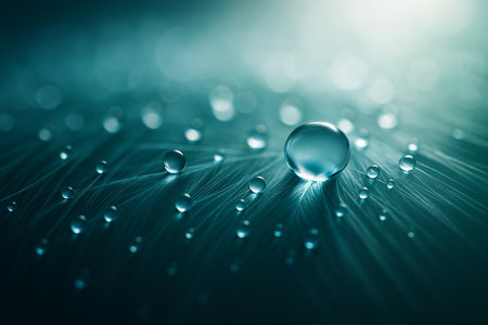 AI generated macro image of clear dewdrops resting on delicate feather like fibers in soft blue green tones creating calm dreamy and gentle atmosphere with a natural sense of purity and fragile beautyの素材