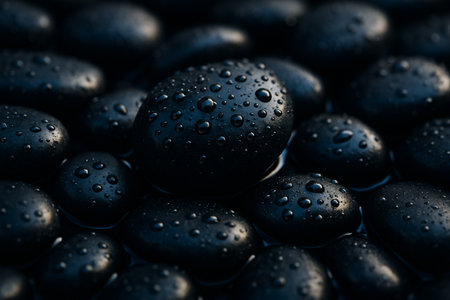 AI generated macro of smooth dark stones covered with clear water droplets creating a cool calm and reflective mood with glossy texture deep tones and serene natural detailの素材